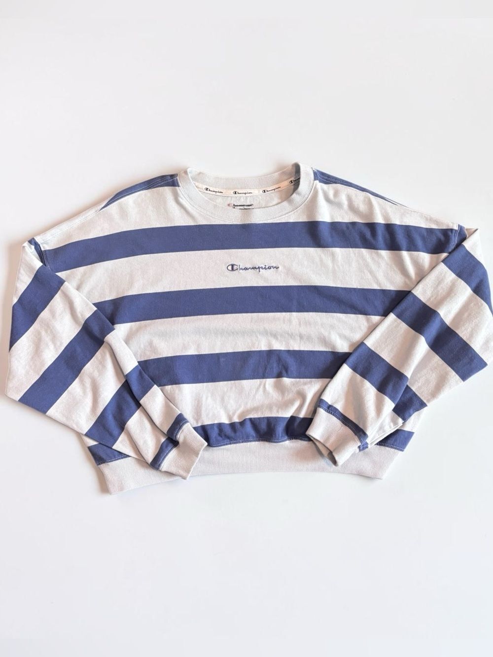 Champion Striped Sweatshirt Womens Small Blue Light Blue Logo Pullover Cropped